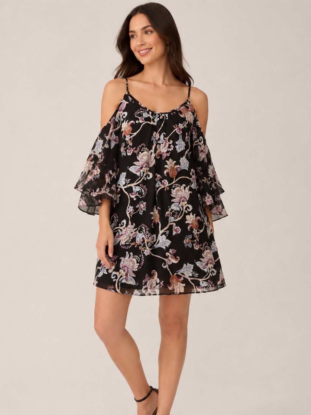 White House Black Market Cold Shoulder Shift Dress Black Floral Size L NWT